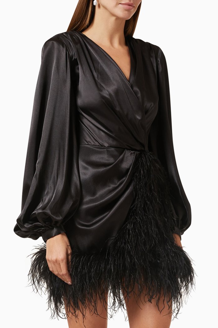Farah Feather-trim Mini Dress in Satin, Black