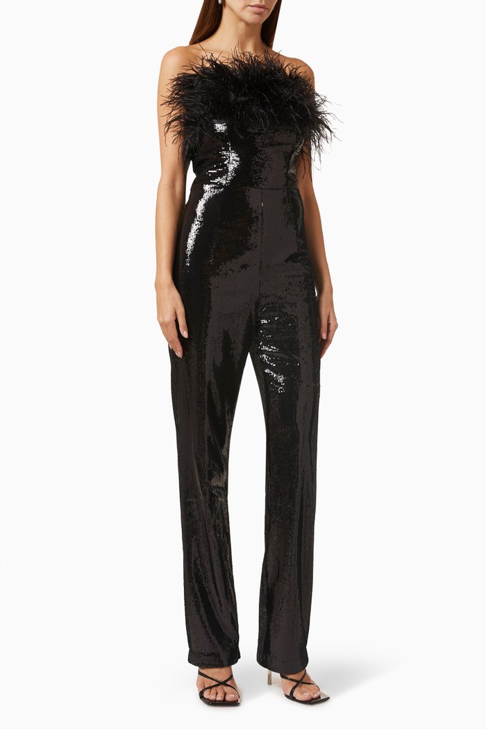 

Lola Feather-trim Jumpsuit in Sequin, Black