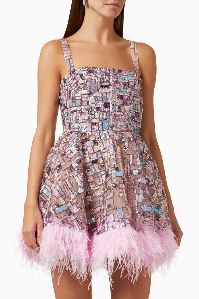 

Mademoiselle Feather-trim Mini Dress in Sequin, Pink