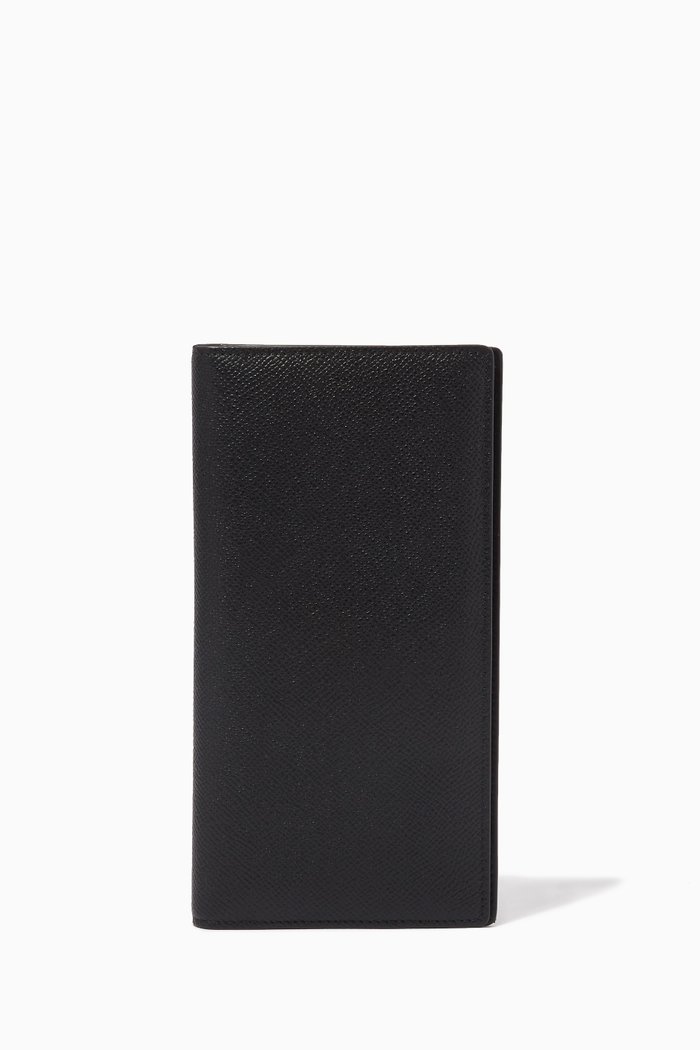 Long Bi-fold Wallet in Textured Leather, Black