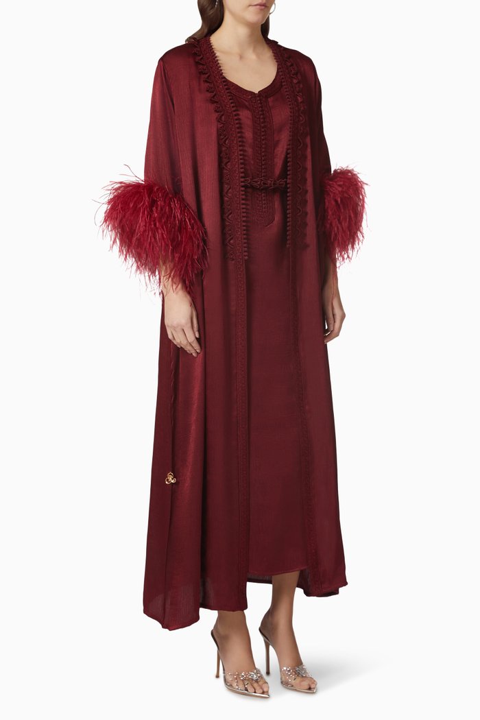 

Feather Trim Kaftan & Dress Set, Red