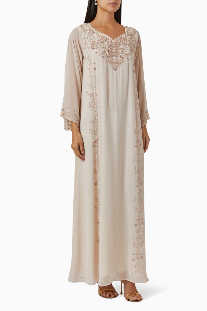 

Embellished Long Sleeve Kaftan in Chiffon, Neutral