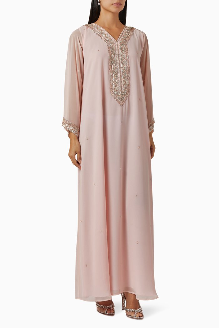 

Embellished Long Sleeve Kaftan in Chiffon, Pink