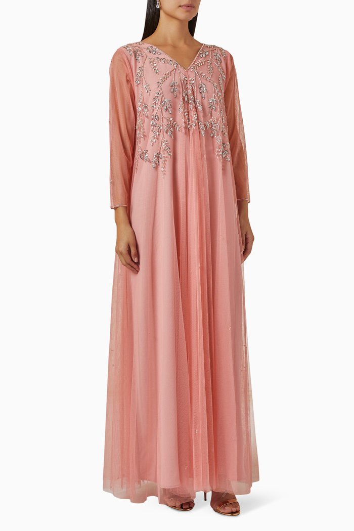Embellished Long Sleeve Kaftan in Tulle, Pink