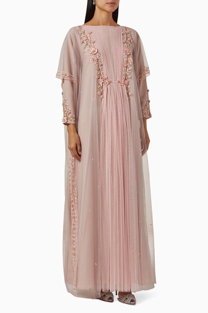 

Floral Embroidered Kaftan in Tulle, Pink
