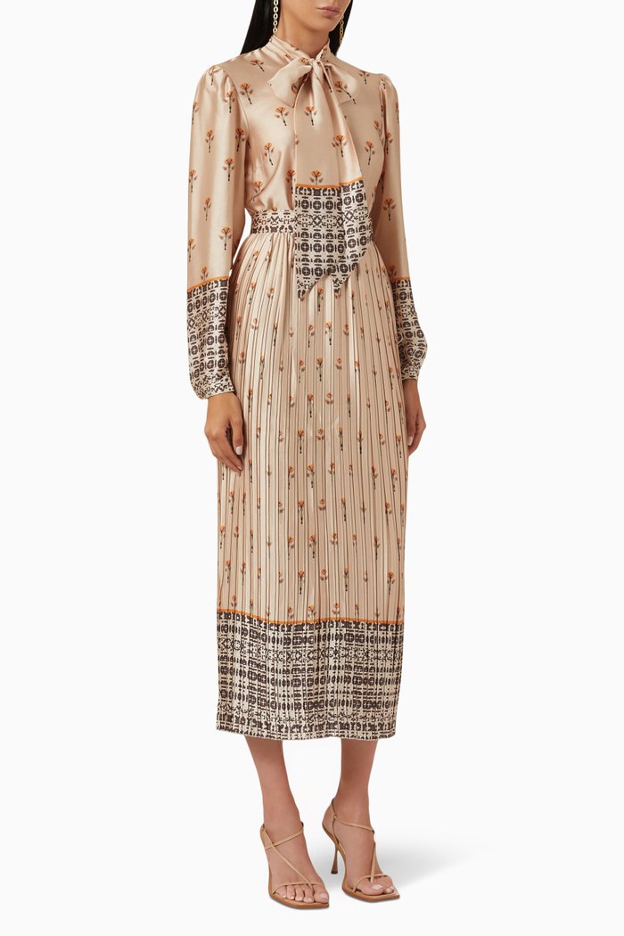 Long Sleeve Pleated Dress, Neutral