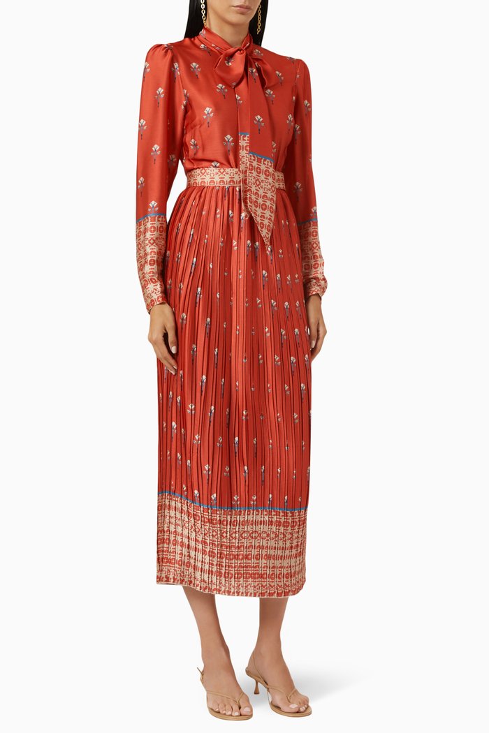 

Long Sleeve Pleated Dress, Red
