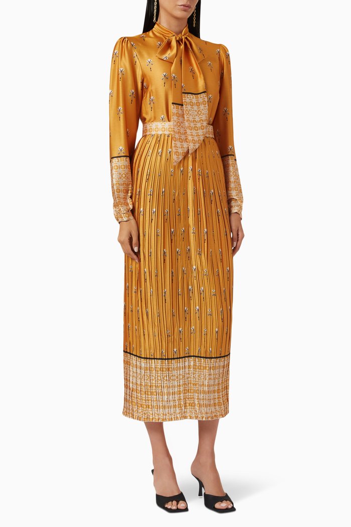 

Long Sleeve Pleated Dress, Yellow