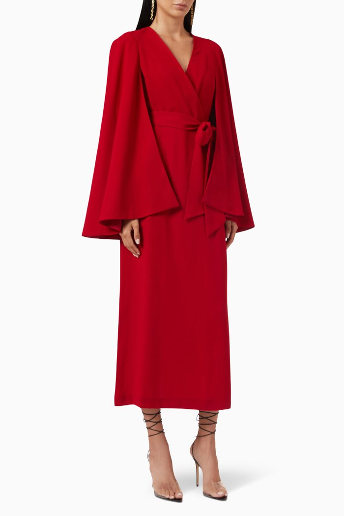 

Cape Sleeve Belted Dress, Red