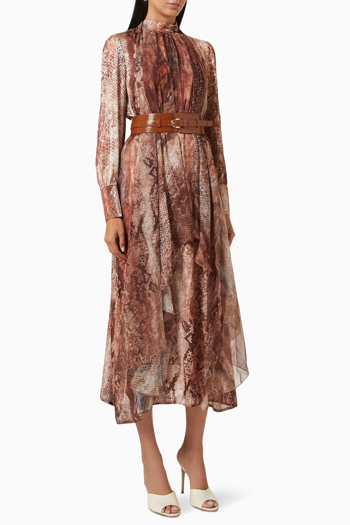 

Printed Long Sleeve Dress, Brown
