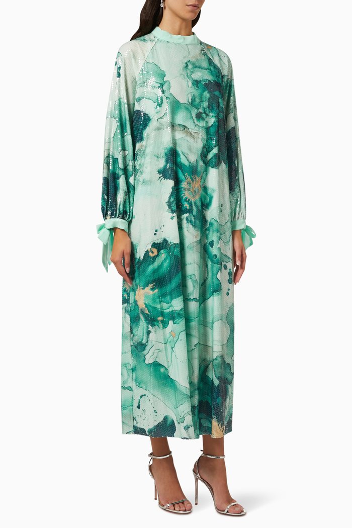 

Floral Maxi Dress in Satin, Blue
