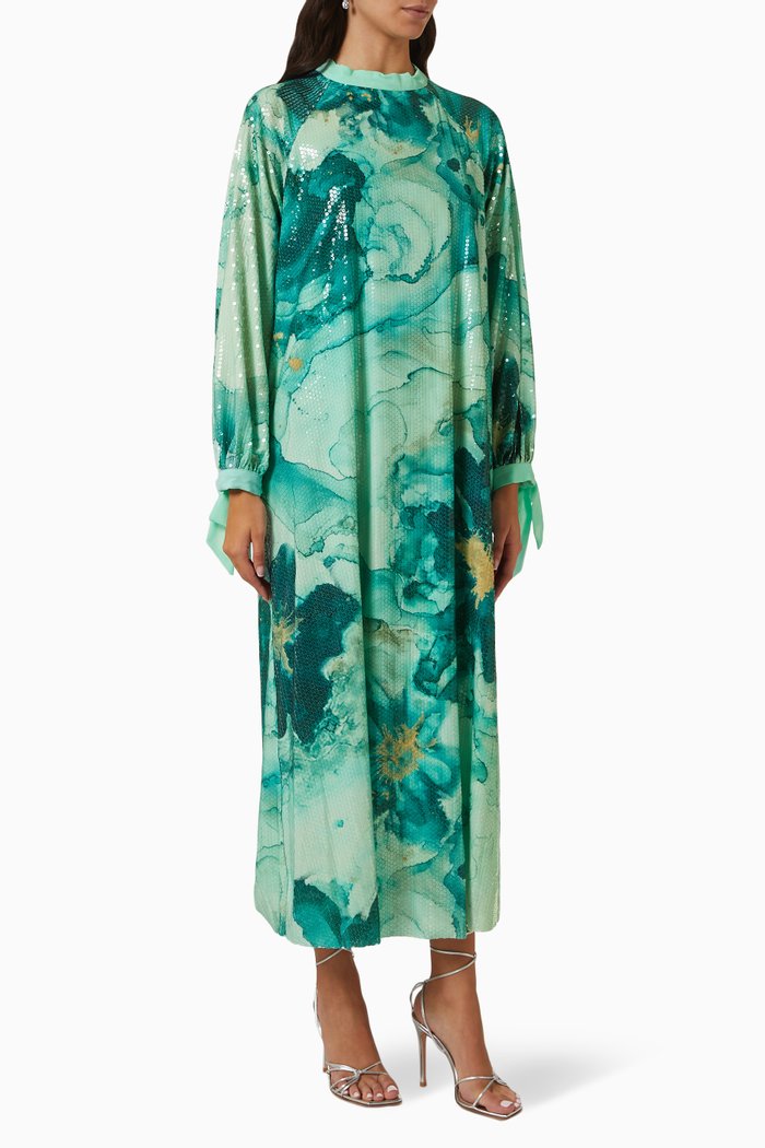

Floral Maxi Dress in Satin, Blue