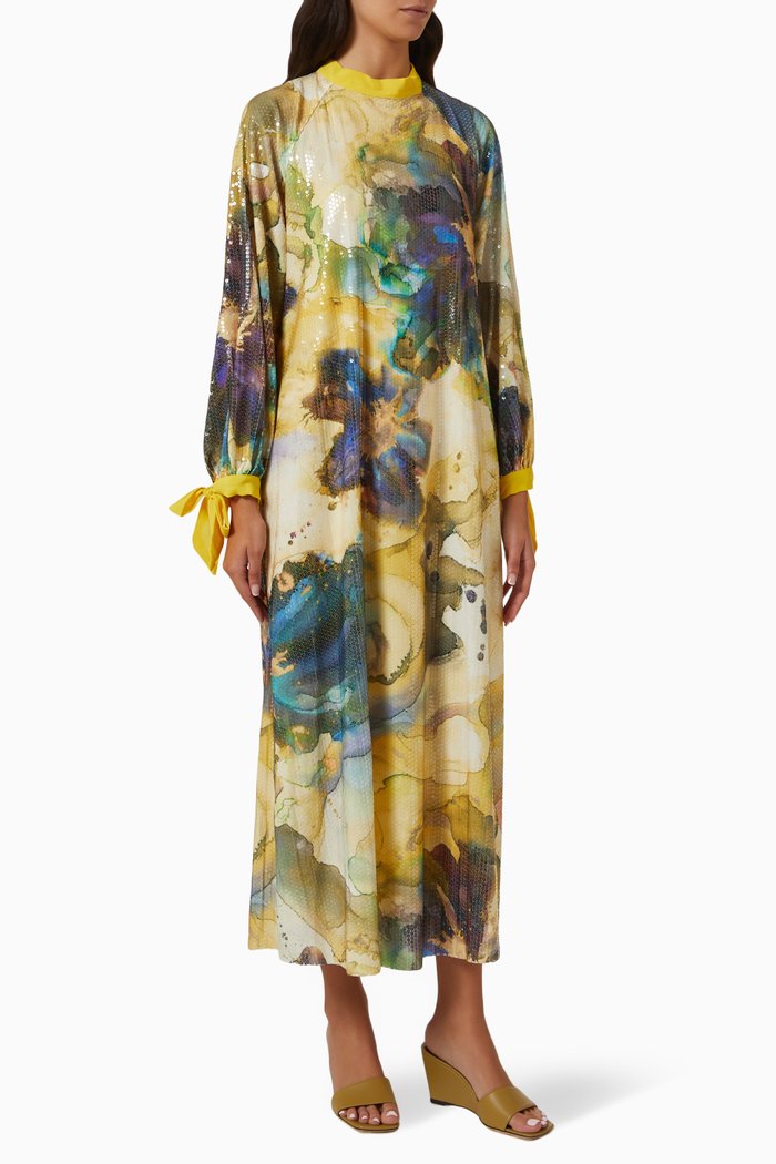 

Floral Maxi Dress in Satin, Yellow