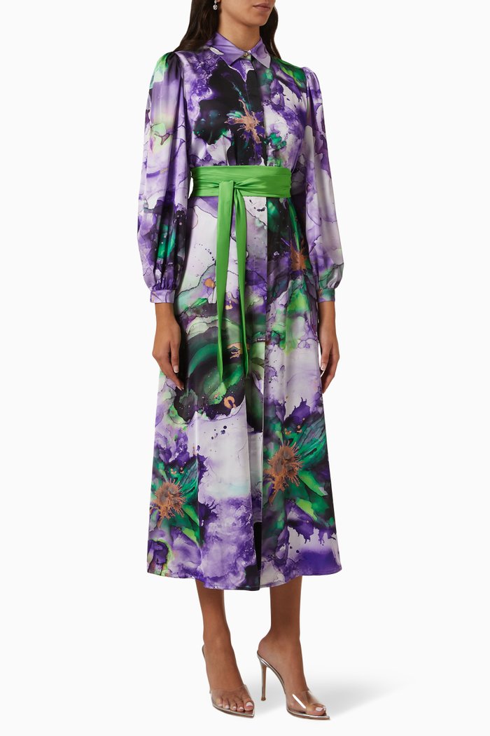 

Printed Midi Dress in Silk, Purple