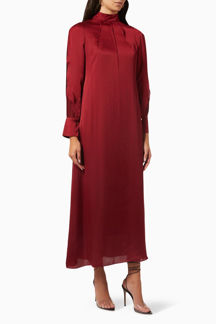 

High-neck Maxi Dress in Satin, Burgundy