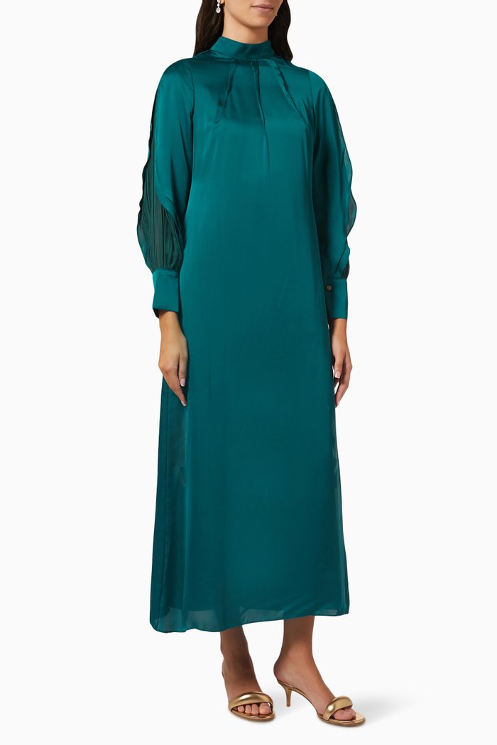 

High-neck Maxi Dress in Satin, Green