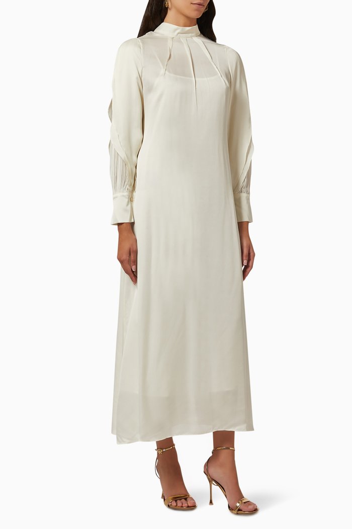

High-neck Maxi Dress in Satin, Neutral