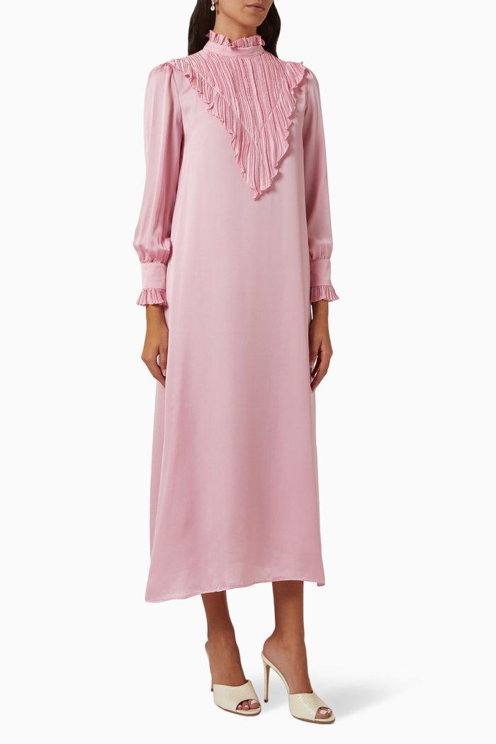 

Ruffled Yoke Midi Dress, Pink