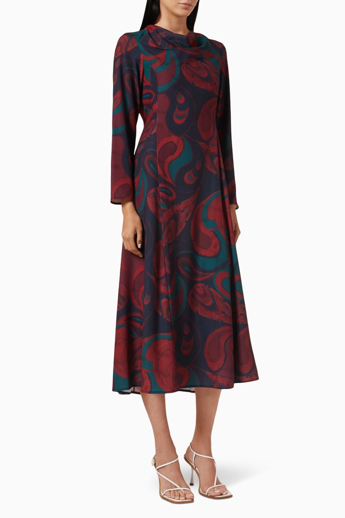 

Printed Long Sleeve Dress, Burgundy