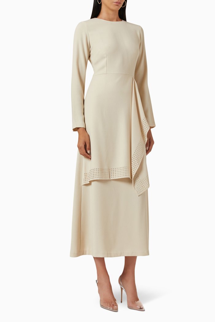 

Studded Long Sleeve Midi Dress, Neutral