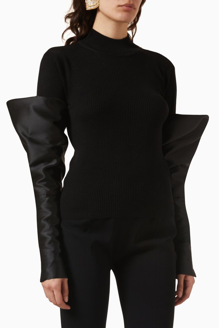 

Couture Sleeves Turtleneck Top in Knit, Black