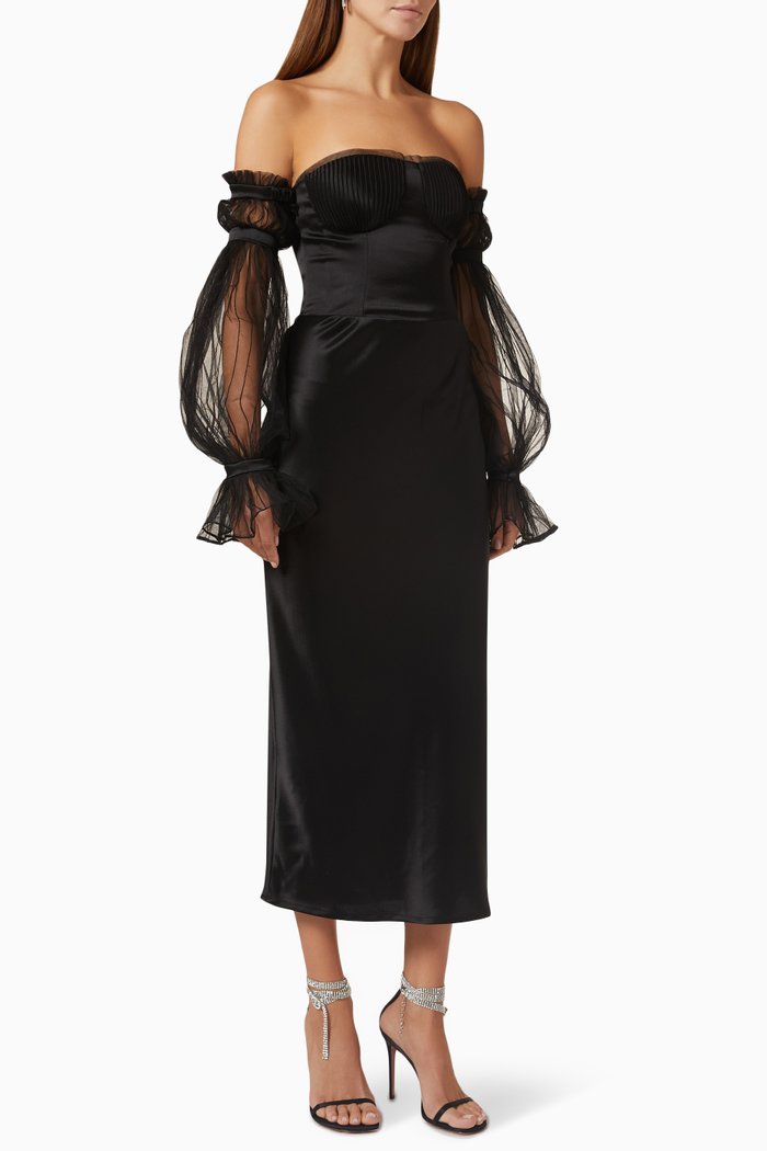 

Optimist Off-shoulder Midi Dress in Satin, Black