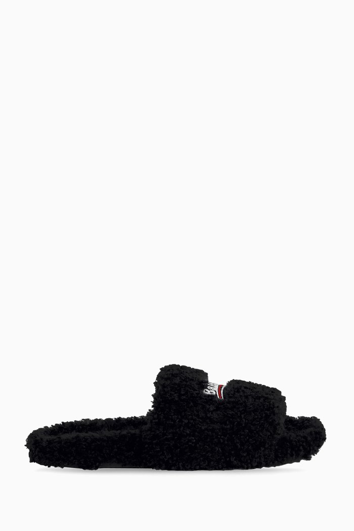 

Political Campaign Furry Slide Sandals in Faux Shearling, Black