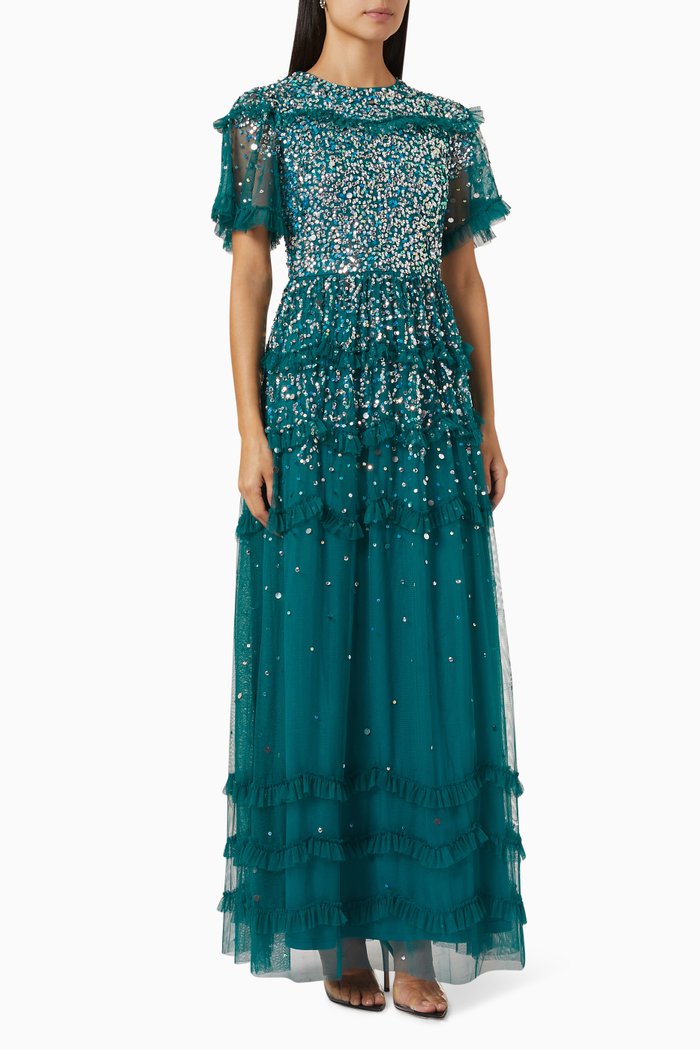 

Sequin Embellished Dress in Tulle, Green