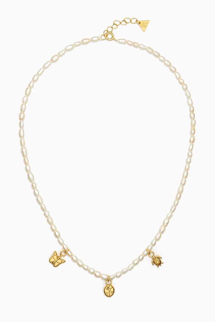 

Three Charm Pearl Necklace in 18kt Gold-plated Metal, White