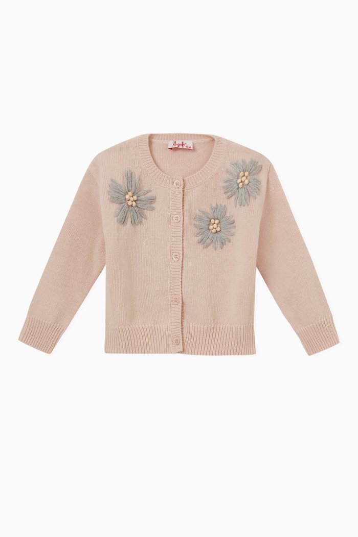 

Embroidered Flowers Cardigan in Wool, Pink