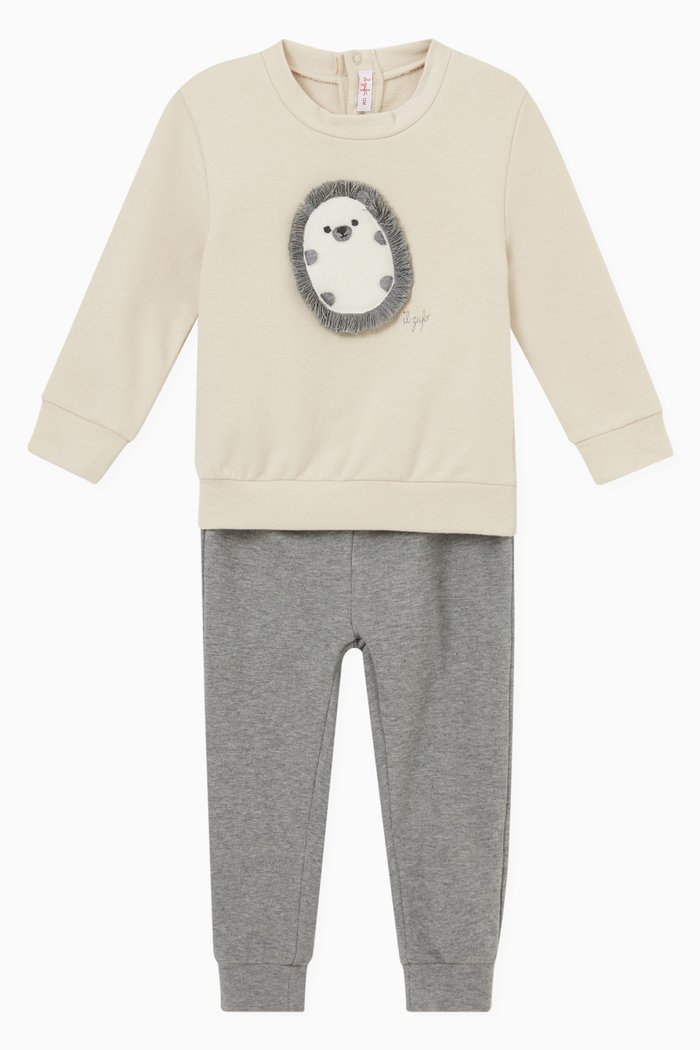 

Hedgehog Appliqué Top and Sweatpants, Set of Two, Neutral