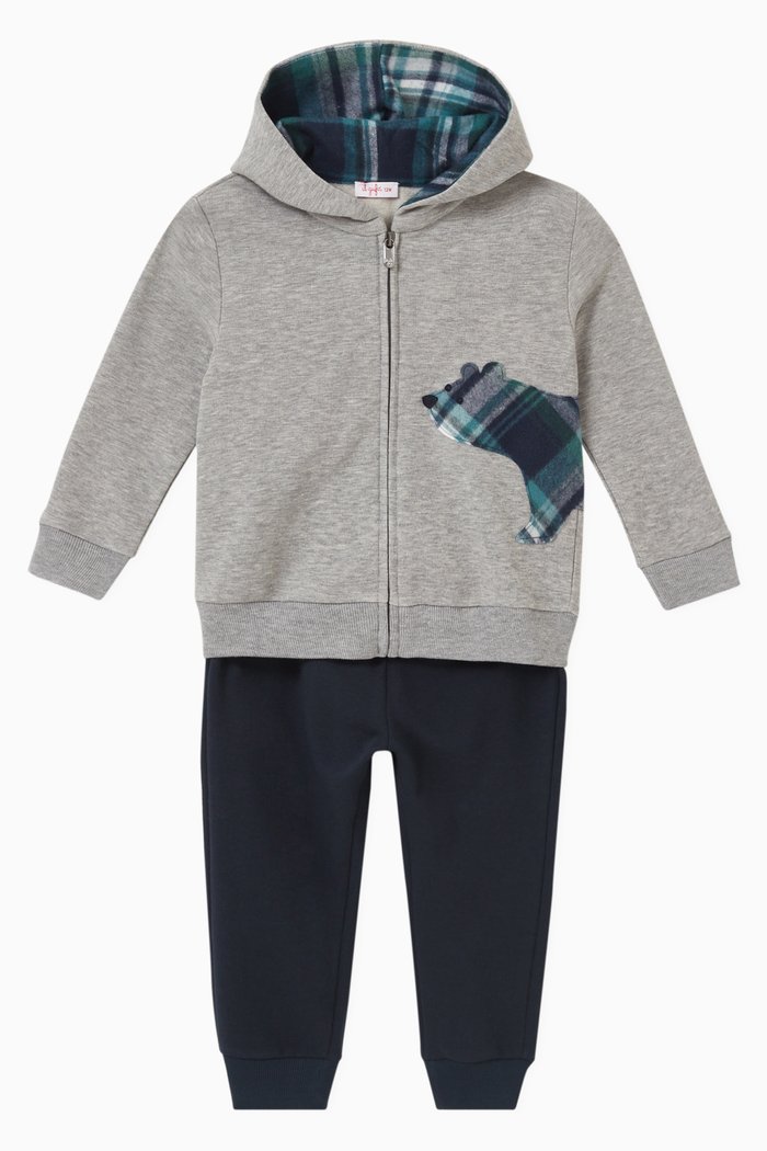 

Checked Bear Hoodie Set in Cotton, Grey