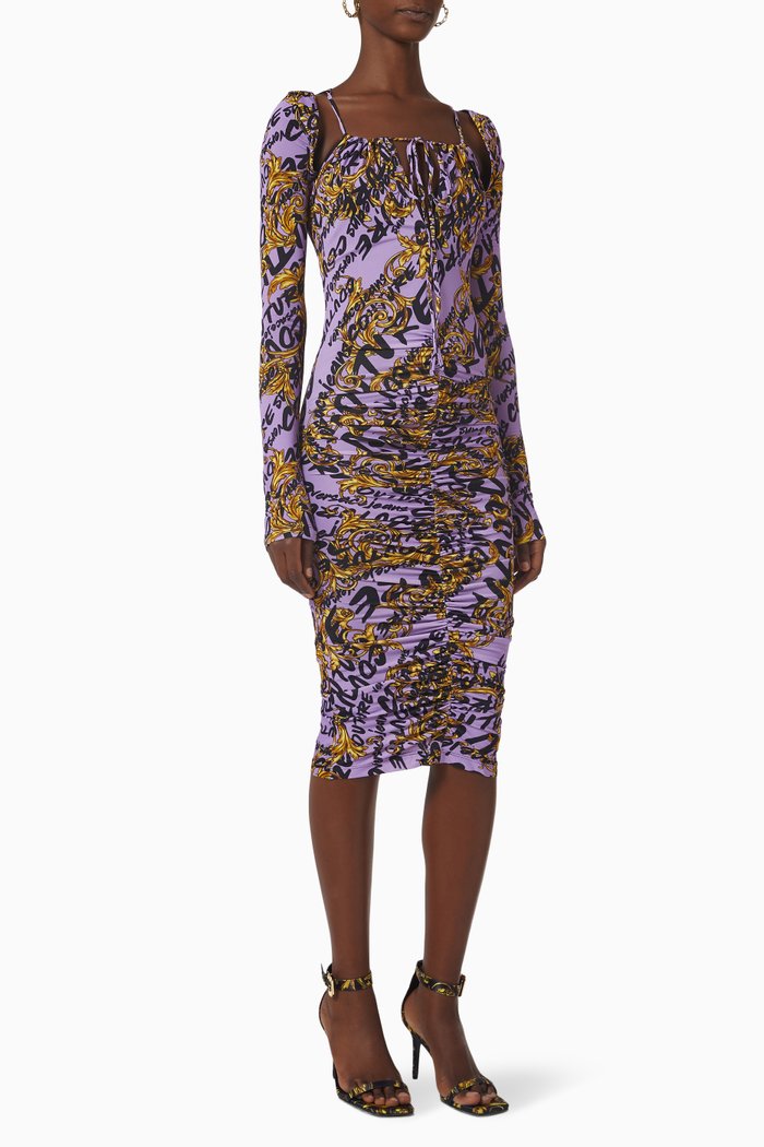 

Logo Brush Ruched Midi Dress in Stretch-viscose, Purple