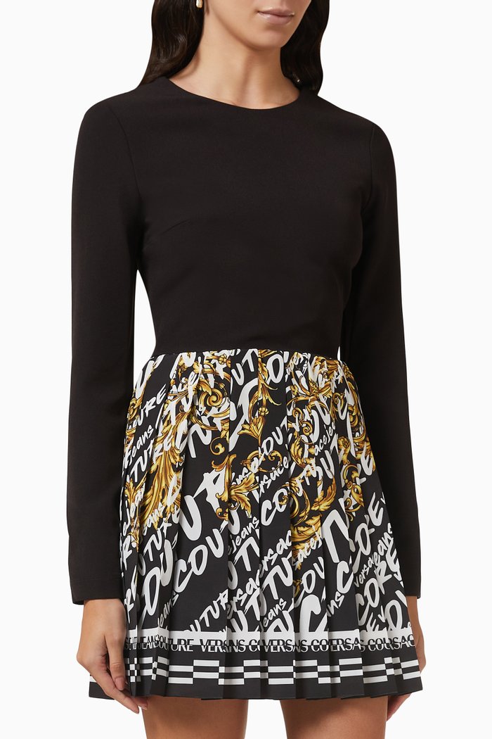 

Logo-print Couture Pleated Mini Dress in Crêpe, Black