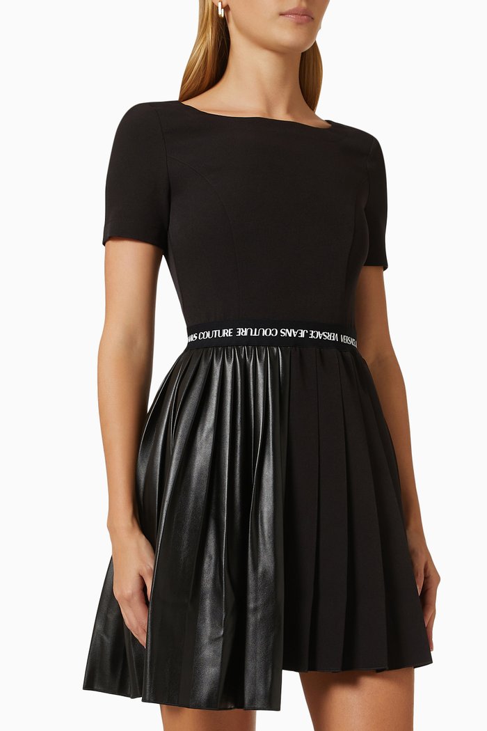 

Logo Tape Mini Dress in Cady & Faux-leather, Black