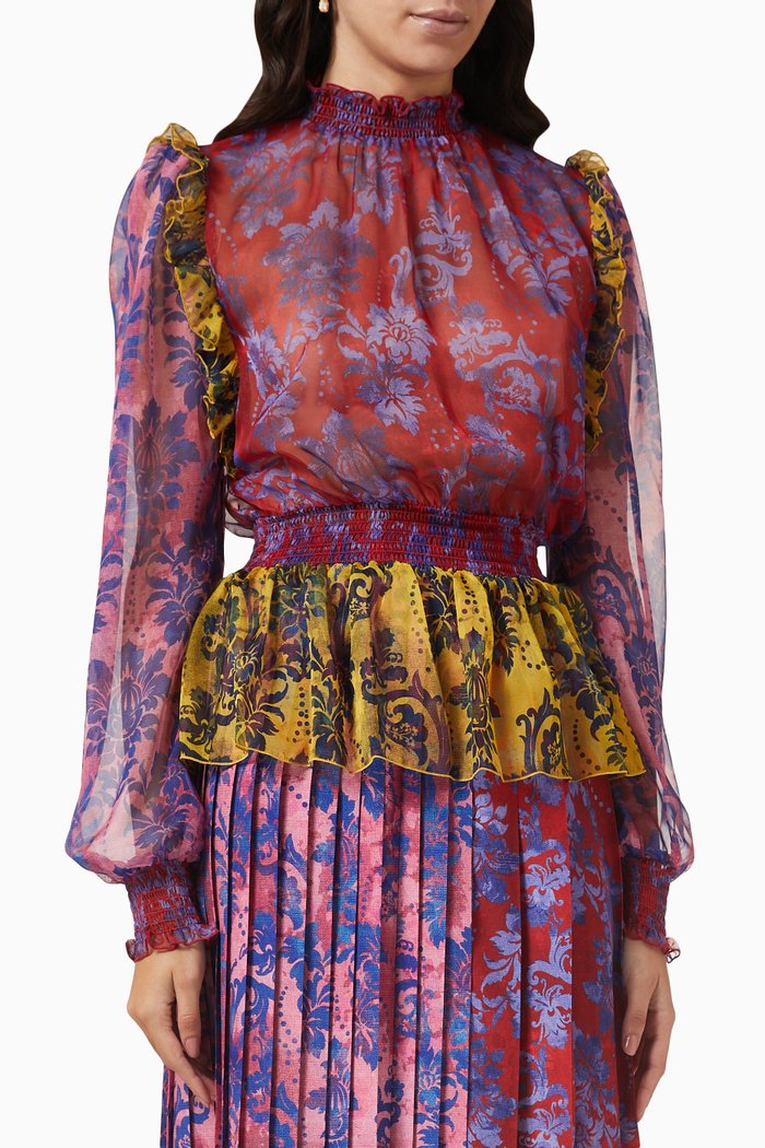 

Tapestry-print Ruffled Blouse in Chiffon, Multicolour