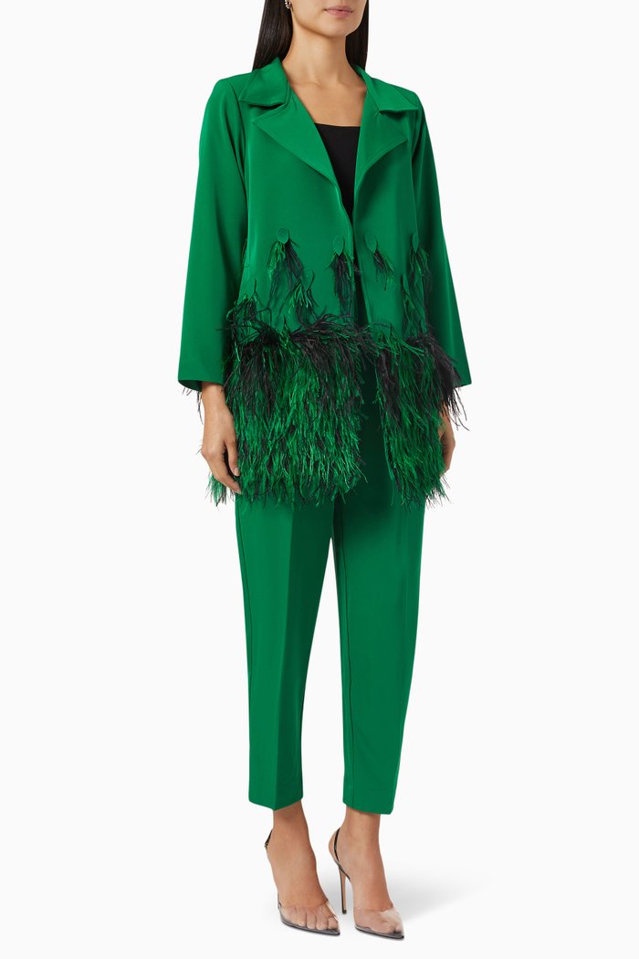 

Feather Trim Jacket & Pants Set, Green