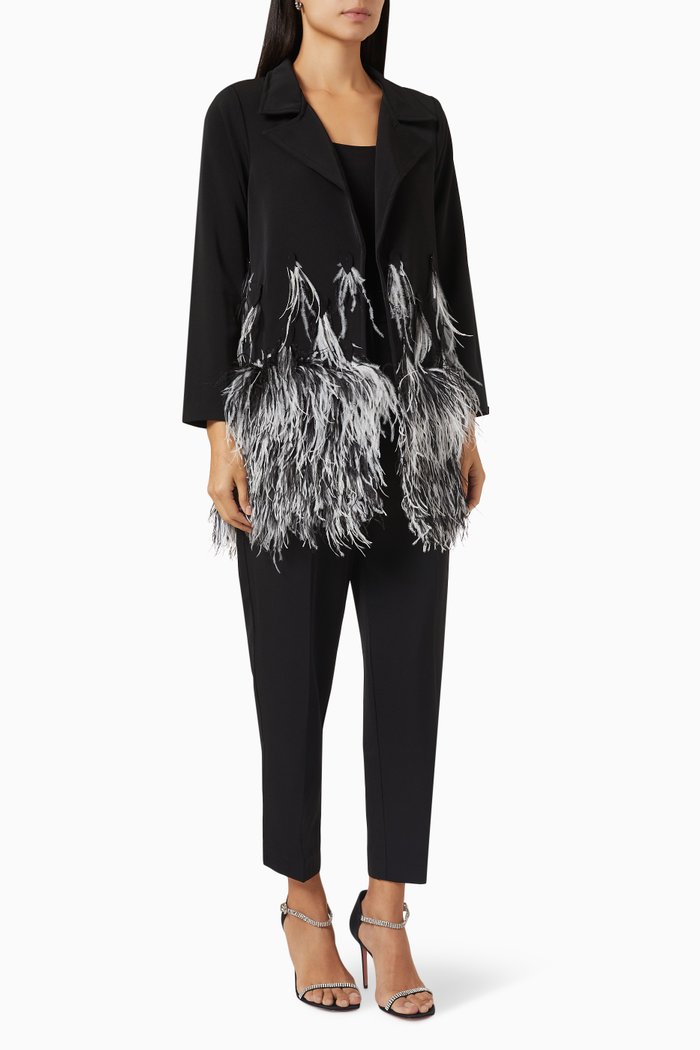 

Feather Trim Jacket & Pants Set, Black