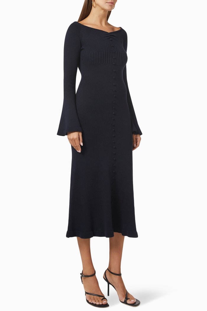 

Antonia Off-shoulder Midi Dress in Rib-knit, Blue