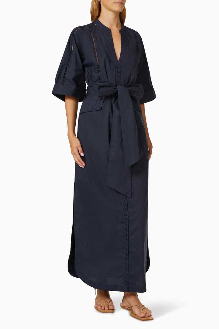 

Amelie Belted Midi Dress in Organic Cotton, Blue