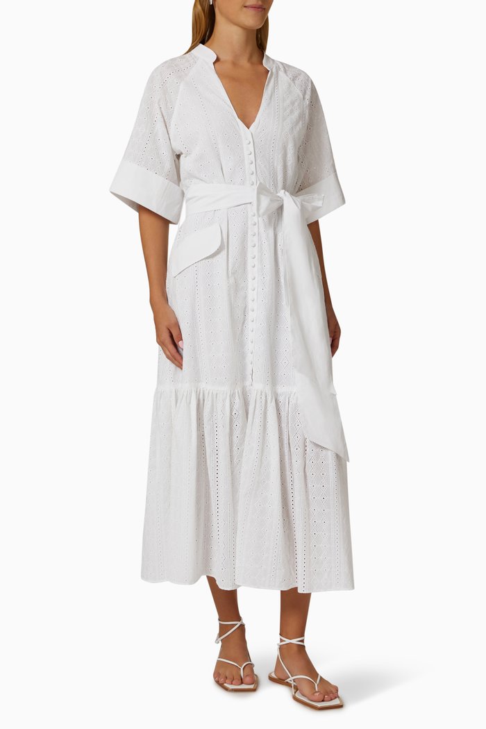 

Stephanie Belted Midi Dress in Cotton, White
