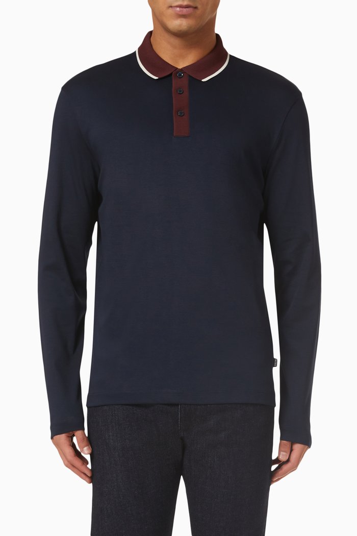 

Pittman Long Sleeve Polo Shirt in Cotton, Blue
