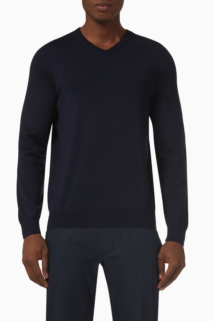 

V-neckline Sweater in Wool, Blue