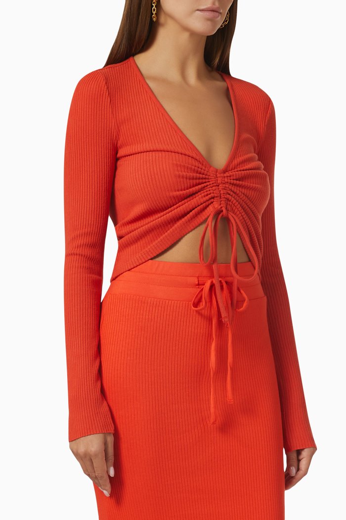 Alloy Gathered Top in Ribbed Viscose Jersey, Red
