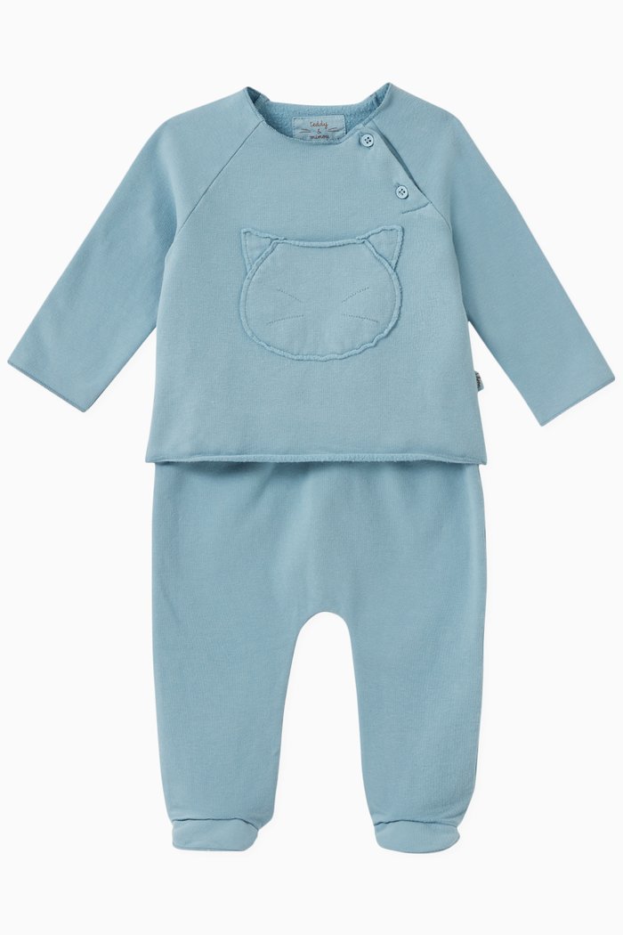 

Cat Sleepsuit Set in Cotton, Blue