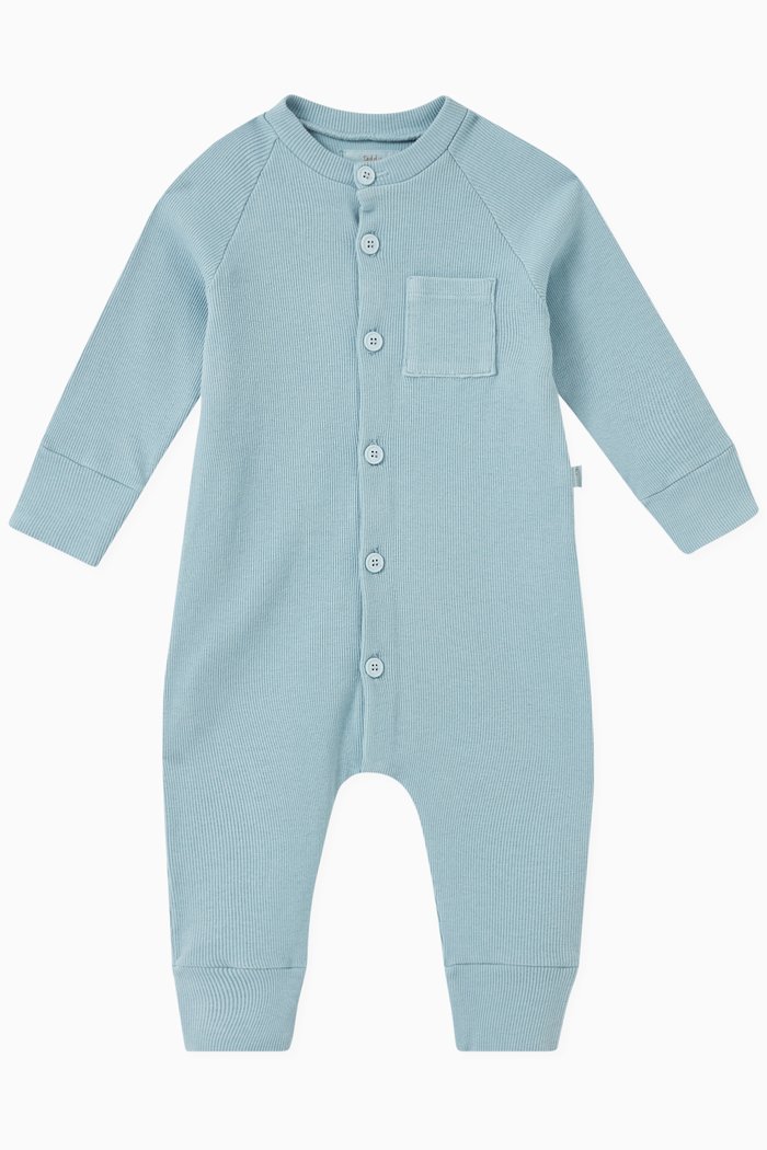 

Buttoned Romper in Ribbed Knit, Blue