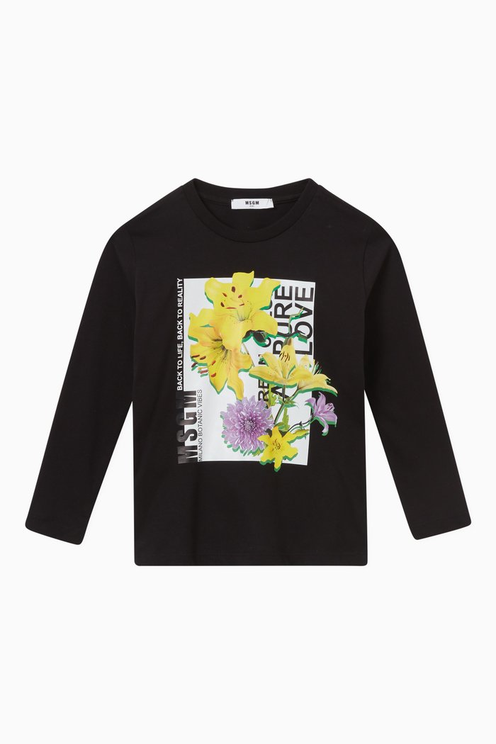 

Floral Logo Long-sleeved T-shirt in Cotton, Black