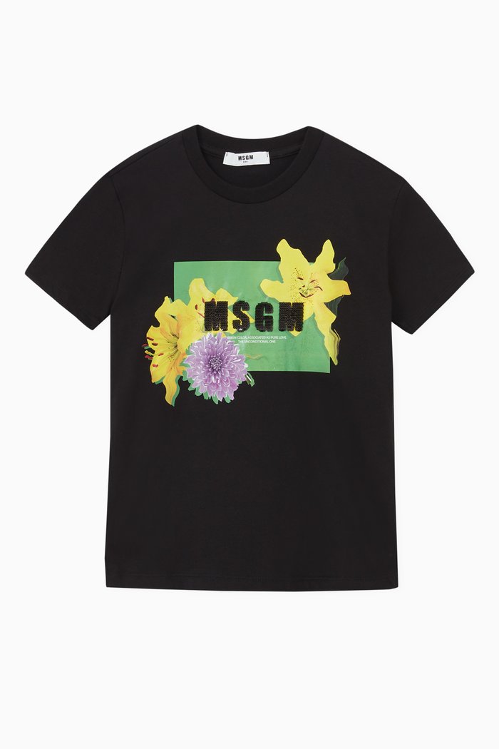 

Floral Logo-print T-shirt in Cotton-jersey, Black