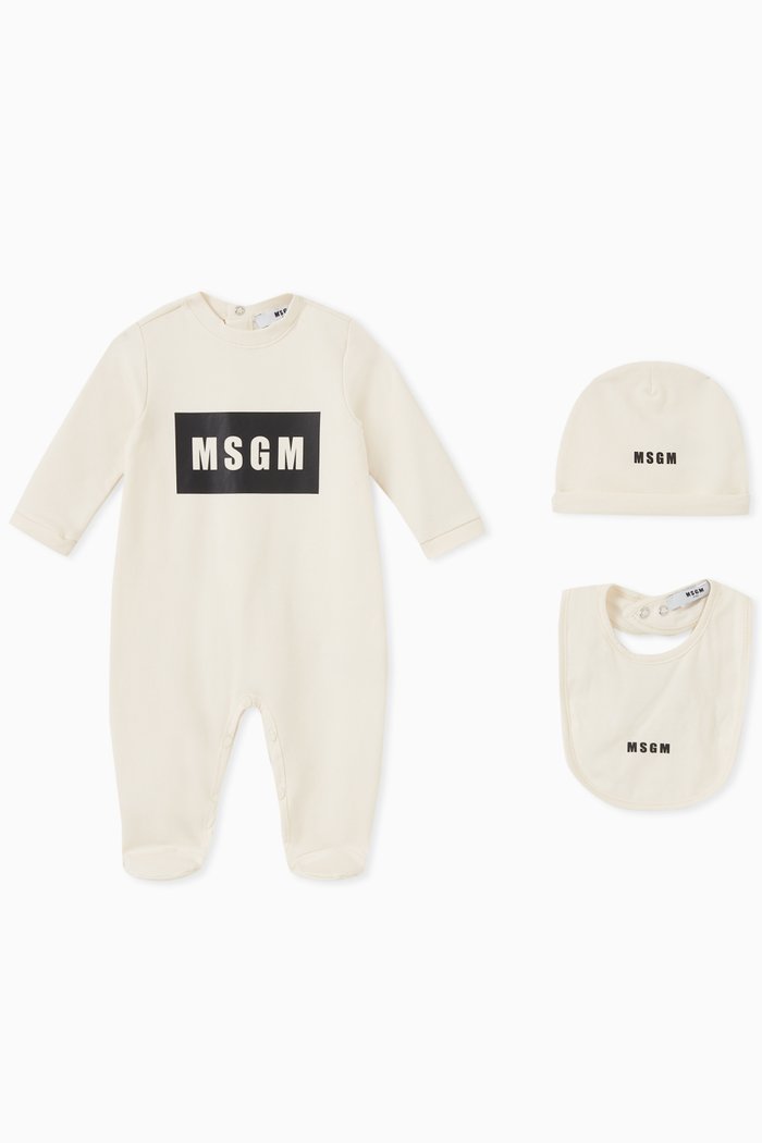 

Logo Pyjama Set of Sleepsuit, Hat & Bib in Cotton, Neutral