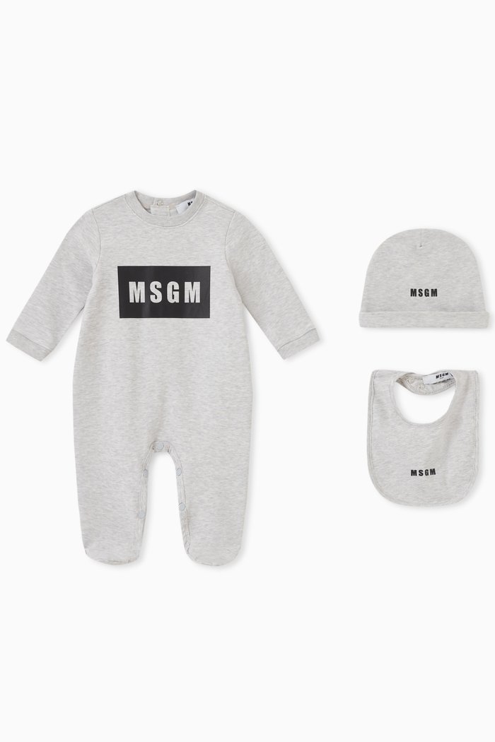 

Logo Pyjama Set of Sleepsuit, Hat & Bib in Cotton, Grey